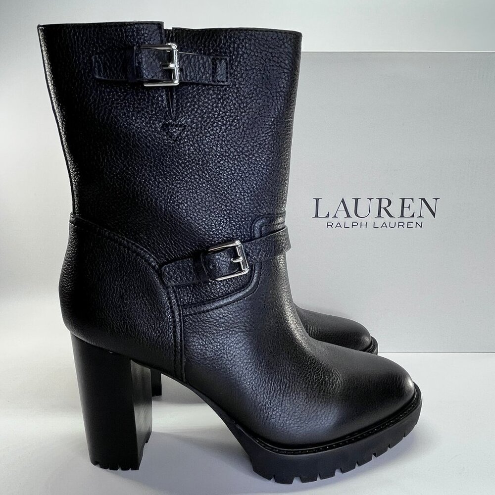 Ralph Lauren Lyvia Leather Boot Size 11B Black Tumbled Mid Calf Block Heel - Picture 2 of 16